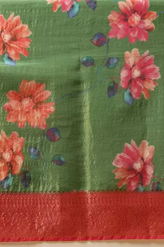 Green printed tissue traditional saree with blouse piece
