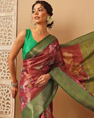 Pink printed tissue traditional saree with blouse piece 4