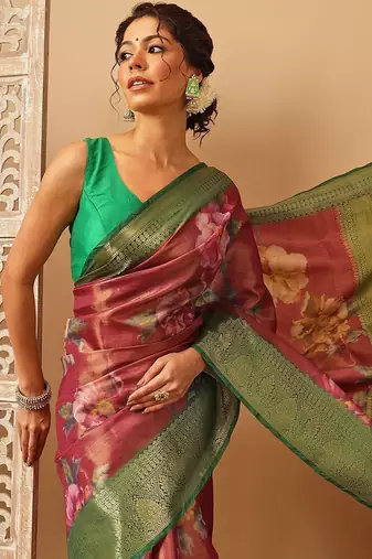 Pink printed tissue traditional saree with blouse piece