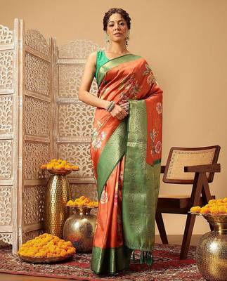 Orange printed art silk ethnic saree with blouse piece 1