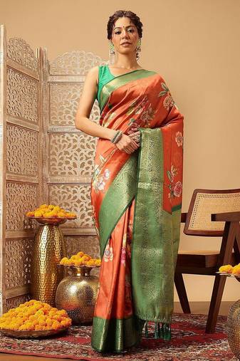 Orange printed art silk ethnic saree with blouse piece