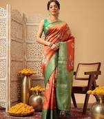 Orange printed art silk ethnic saree with blouse piece