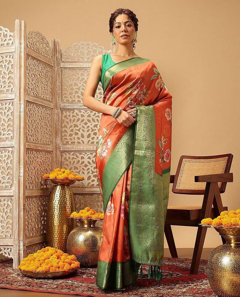 Orange printed art silk ethnic saree with blouse piece