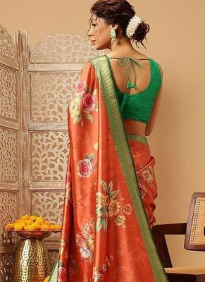 Orange printed art silk ethnic saree with blouse piece 2
