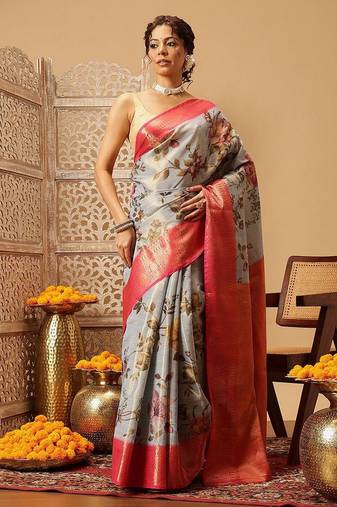 Grey printed tissue traditional saree with blouse piece
