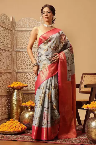 Grey printed tissue traditional saree with blouse piece