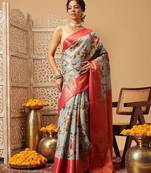Grey printed tissue traditional saree with blouse piece