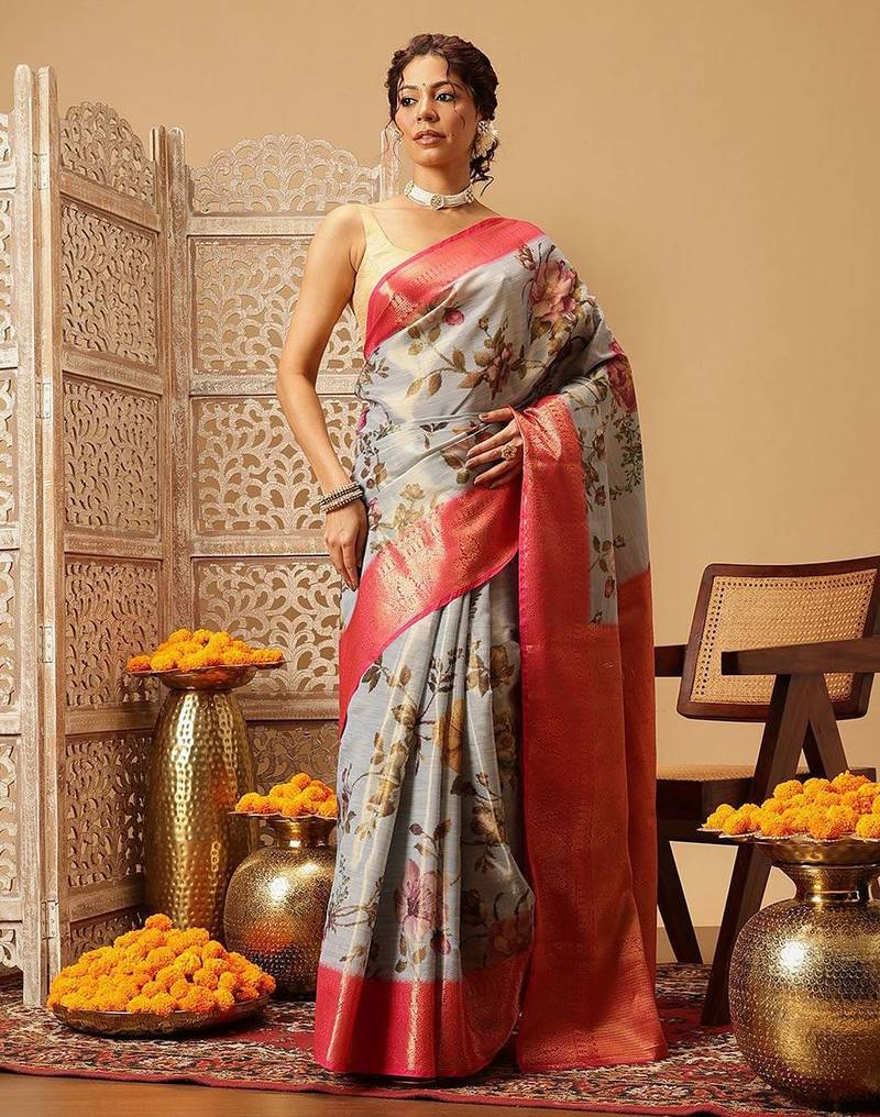 Grey printed tissue traditional saree with blouse piece