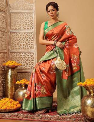 Orange printed art silk ethnic saree with blouse piece 3