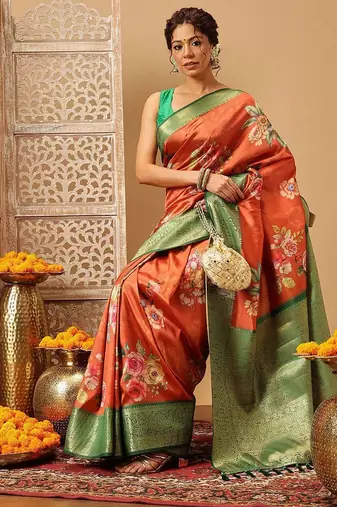 Orange printed art silk ethnic saree with blouse piece