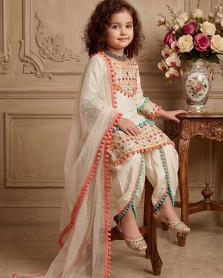 cream heavy dull satin salwar suit set with embroidery work with real mirrors work with heavy less - designer party wear 3