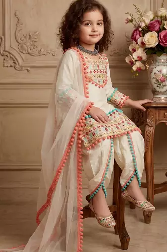 cream heavy dull satin salwar suit set with embroidery work with real mirrors work with heavy less - designer party wear