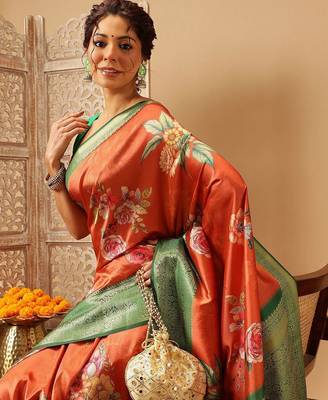 Orange printed art silk ethnic saree with blouse piece 4