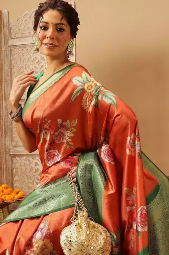Orange printed art silk ethnic saree with blouse piece