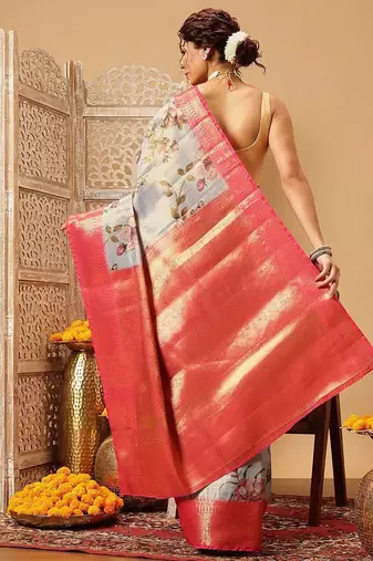 Grey printed tissue traditional saree with blouse piece