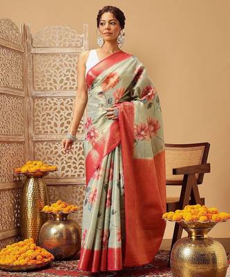 Olive printed tissue traditional saree with blouse piece 1