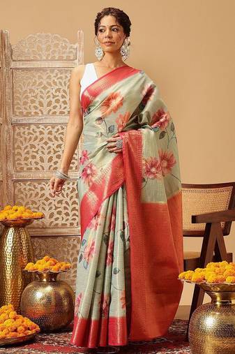 Olive printed tissue traditional saree with blouse piece