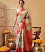 Olive printed tissue traditional saree with blouse piece
