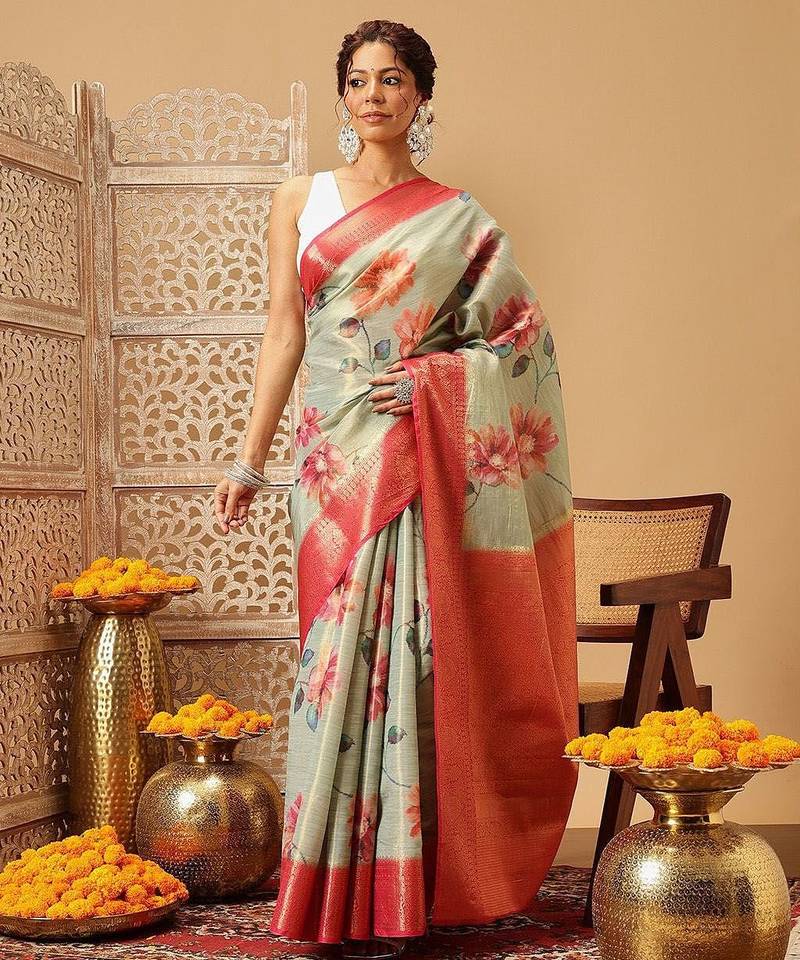 Olive printed tissue traditional saree with blouse piece