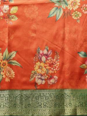 Orange printed art silk ethnic saree with blouse piece 5