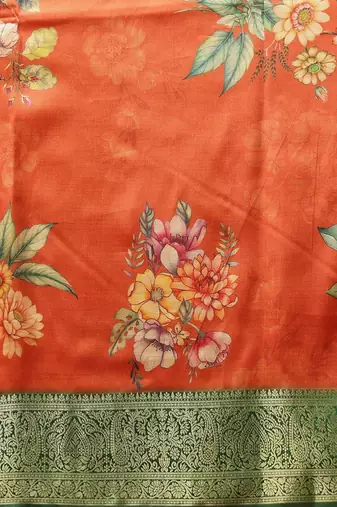 Orange printed art silk ethnic saree with blouse piece
