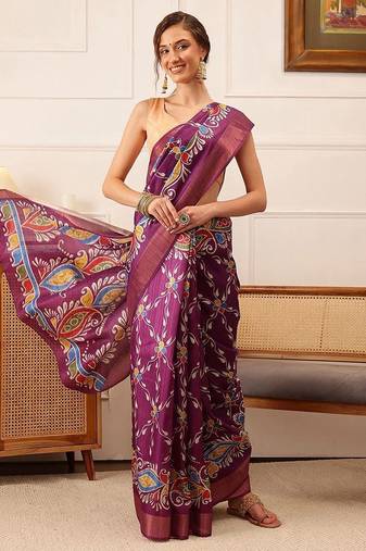 Purple printed silk blend ethnic saree with blouse piece