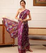 Purple printed silk blend ethnic saree with blouse piece