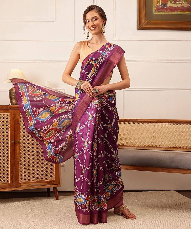 Purple printed silk blend ethnic saree with blouse piece