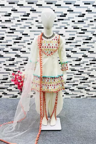 cream heavy dull satin salwar suit set with embroidery work with real mirrors work with heavy less - designer party wear