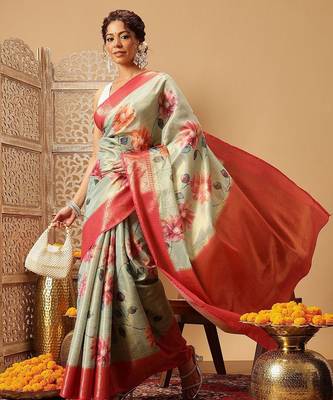 Olive printed tissue traditional saree with blouse piece 2