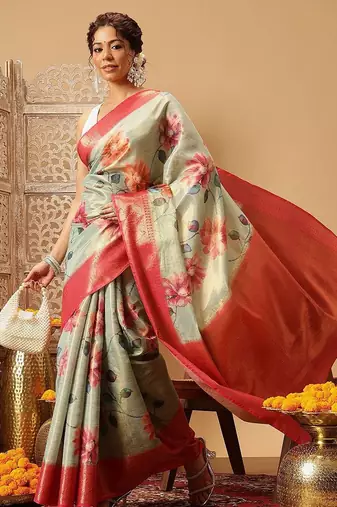 Olive printed tissue traditional saree with blouse piece
