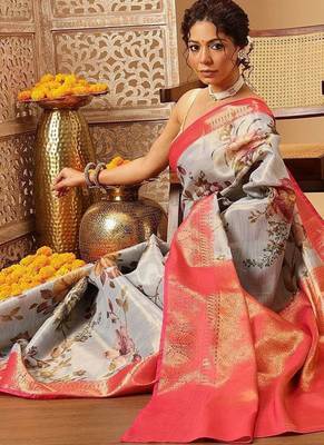 Grey printed tissue traditional saree with blouse piece 3