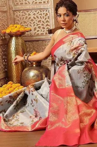 Grey printed tissue traditional saree with blouse piece