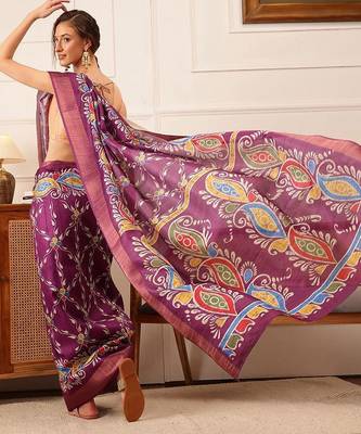 Purple printed silk blend ethnic saree with blouse piece 2