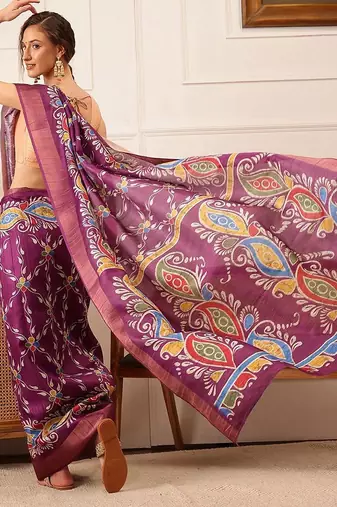 Purple printed silk blend ethnic saree with blouse piece