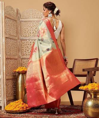 Olive printed tissue traditional saree with blouse piece 3