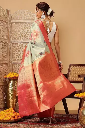 Olive printed tissue traditional saree with blouse piece