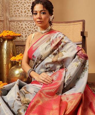 Grey printed tissue traditional saree with blouse piece 4