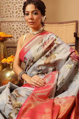 Grey printed tissue traditional saree with blouse piece