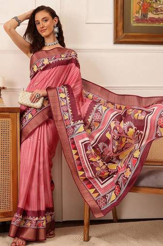 Pink printed silk blend ethnic saree with blouse piece