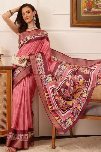 Pink printed silk blend ethnic saree with blouse piece