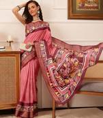 Pink printed silk blend ethnic saree with blouse piece