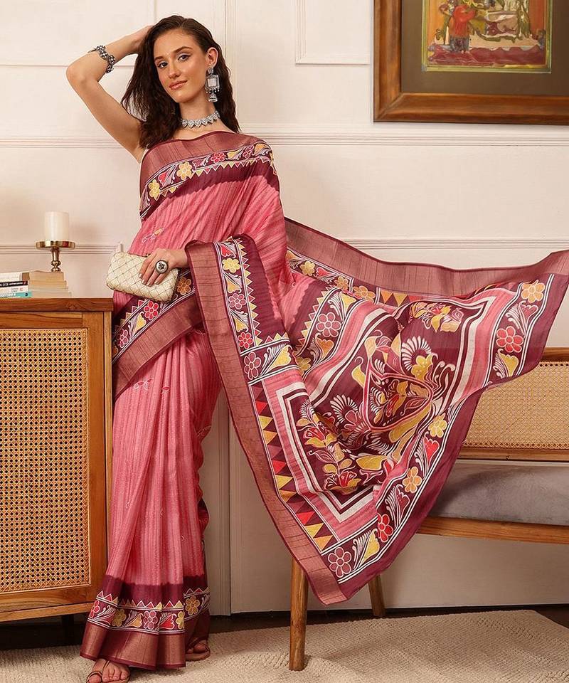 Pink printed silk blend ethnic saree with blouse piece