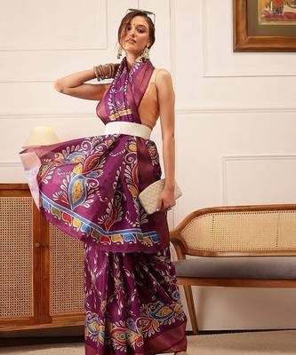 Purple printed silk blend ethnic saree with blouse piece 3