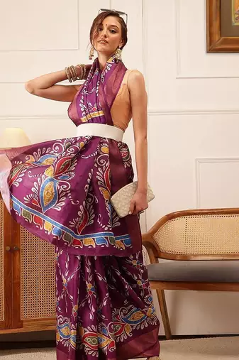 Purple printed silk blend ethnic saree with blouse piece