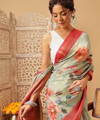Olive printed tissue traditional saree with blouse piece 4