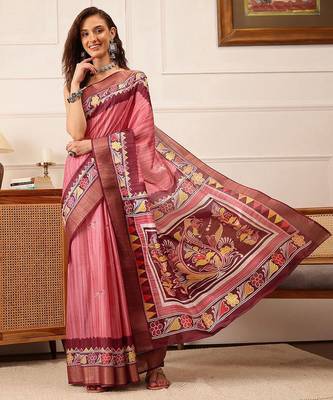 Pink printed silk blend ethnic saree with blouse piece 2