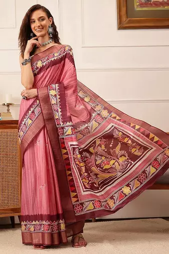 Pink printed silk blend ethnic saree with blouse piece