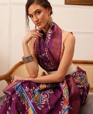 Purple printed silk blend ethnic saree with blouse piece 4