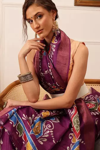 Purple printed silk blend ethnic saree with blouse piece